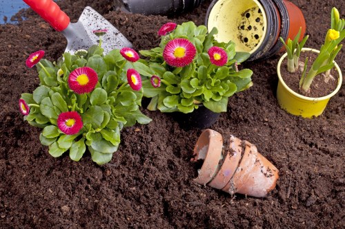 Gardener clearing a small terraced garden in Honor Oak with tools